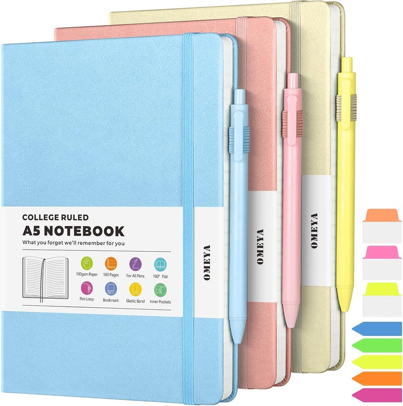 OMEYA Lined Journal Notebook, 3 Pack A5 College Ruled Notebooks for Work, Hardcover Notebook Each with 2 Pockets & Pen, Leather Journal for Women, Men, 160 Pages, 100GSM Thick Paper (Sky Blue, Pink, Ivory) - Image 1